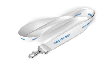White lanyard with CARE PARTNER printed in blue bold font.