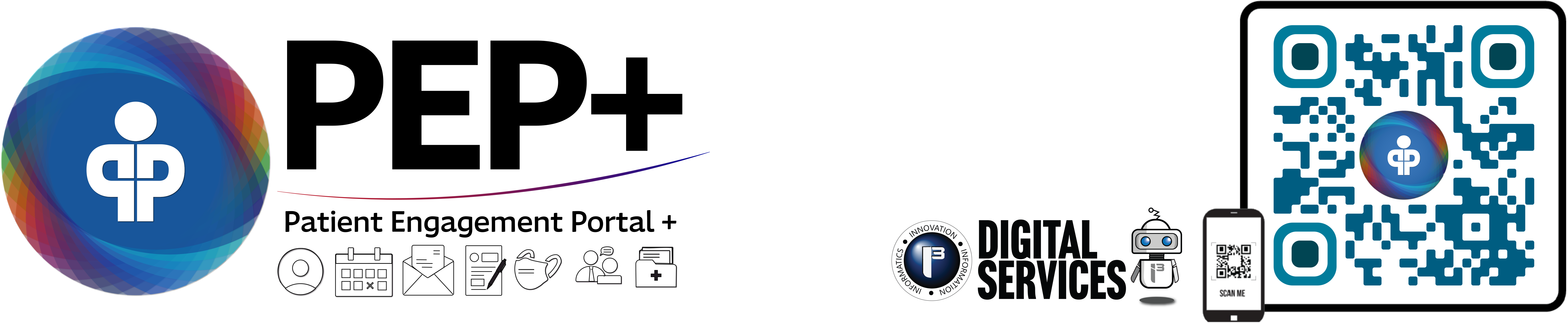 Patient Engagement Portal banner image with icons including a surgical mask, calendar and letter, and the QR code to access the portal