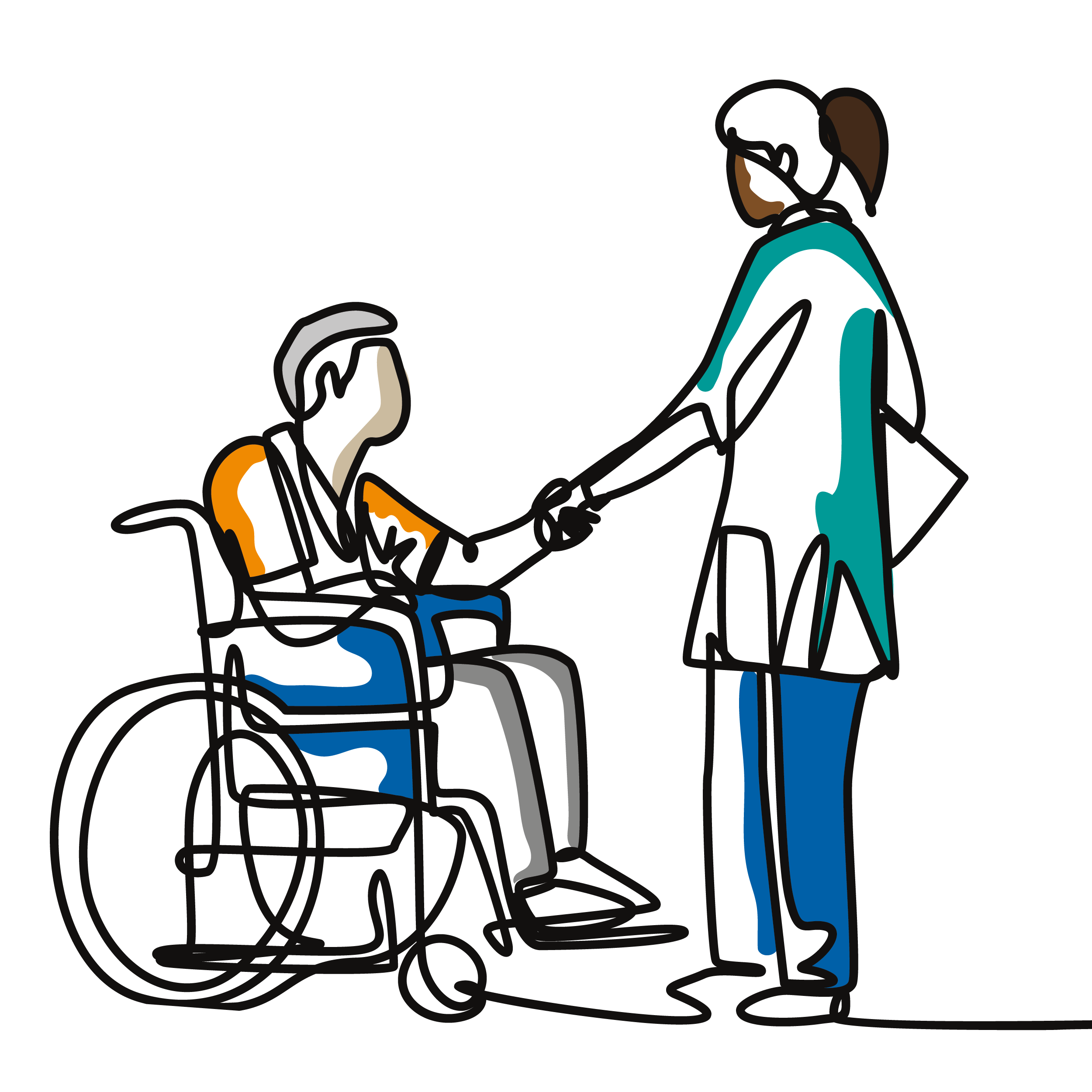 A line illustration drawing of a nurse shaking hands with a person in a wheelchair
