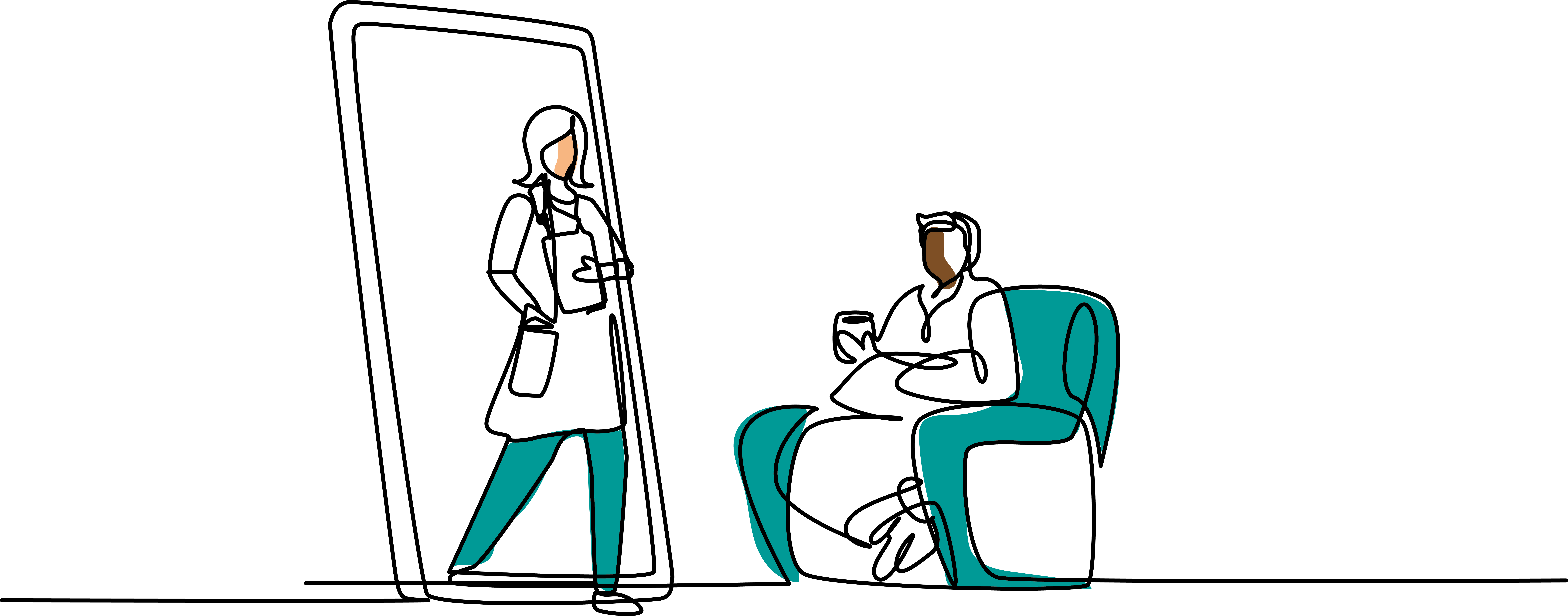 A line illustration drawing of someone sitting in a comfy chair with a drink, while a health professionals walks towards them holding a clipboard