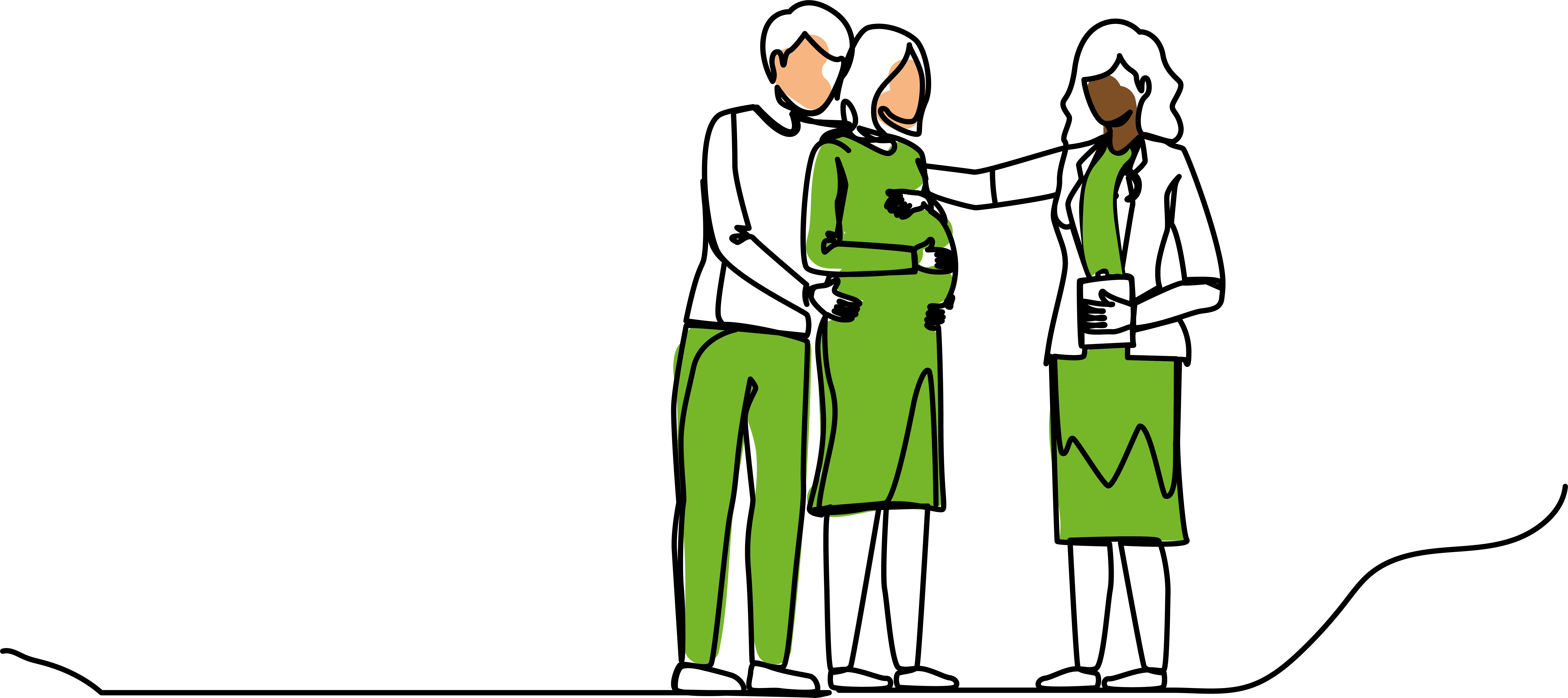 A line illustration drawing of a pregnant person being hugged by their partner and a health professional putting their hand on the pregnant person's shoulder